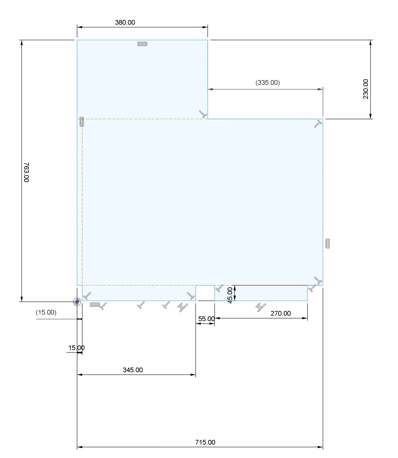 Fusion CAD sketch with full dimensions for the replacement panel